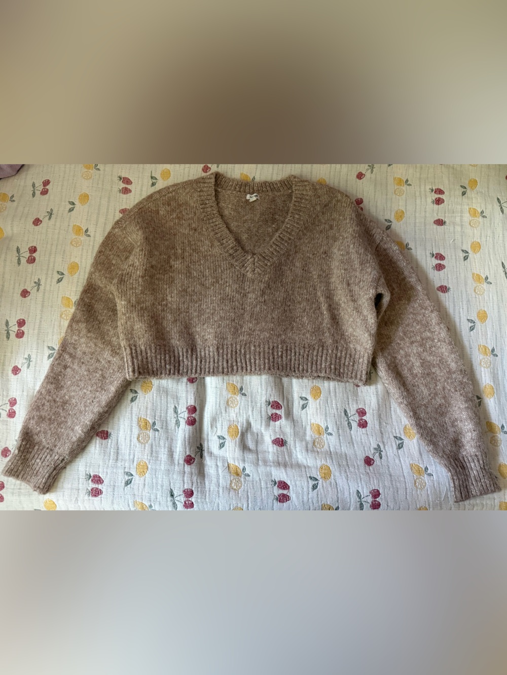 Garage Women's Cropped V-Neck Knit Sweater in Taupe Brown